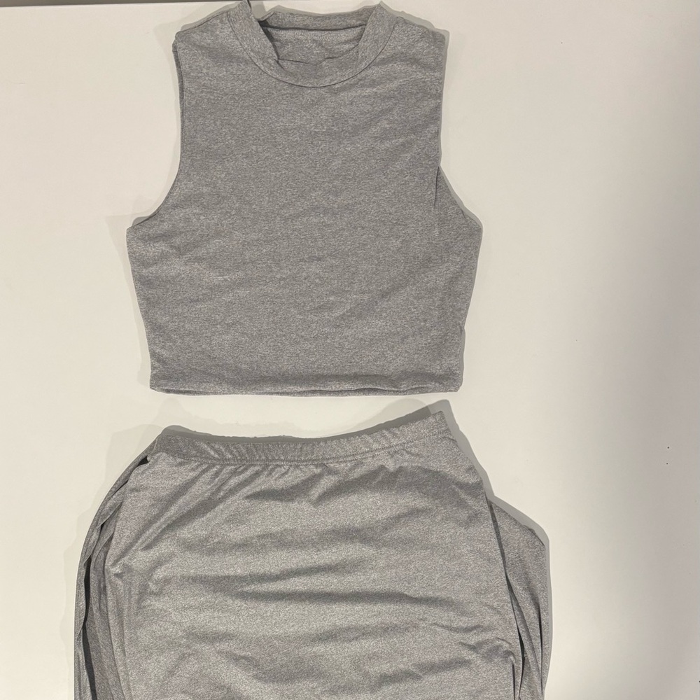 Gray Midi Pencil Skirt Set with Ruched Detail